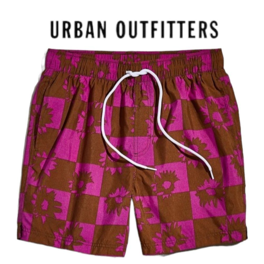 NEW Urban Outfitters UO Daisy Checkerboard Print Swim Trunks Shorts M